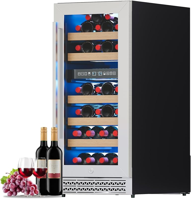 Albott 15 Inch Wine Fridge, Dual Zone 31 Bottle Wine Cooler | with Digital Temperature Control, Reversible Double-Layer Glass Door, Built-in or Freestanding Design for Home and Bar