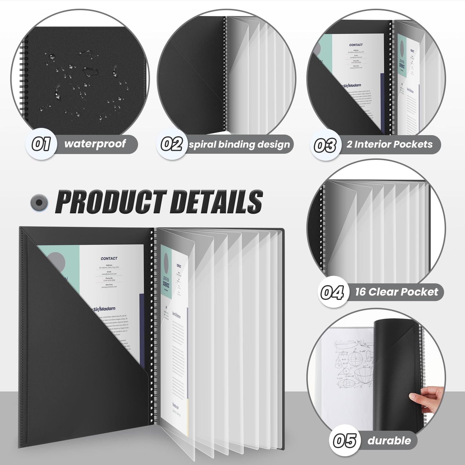 Qilery Carpetas de 8 piezas con bolsillos en espiral, 10 bolsillos, organizador de carpetas con 8 bolsillos transparentes, carpeta de documentos, carpeta negra con fundas de plástico para escuela,