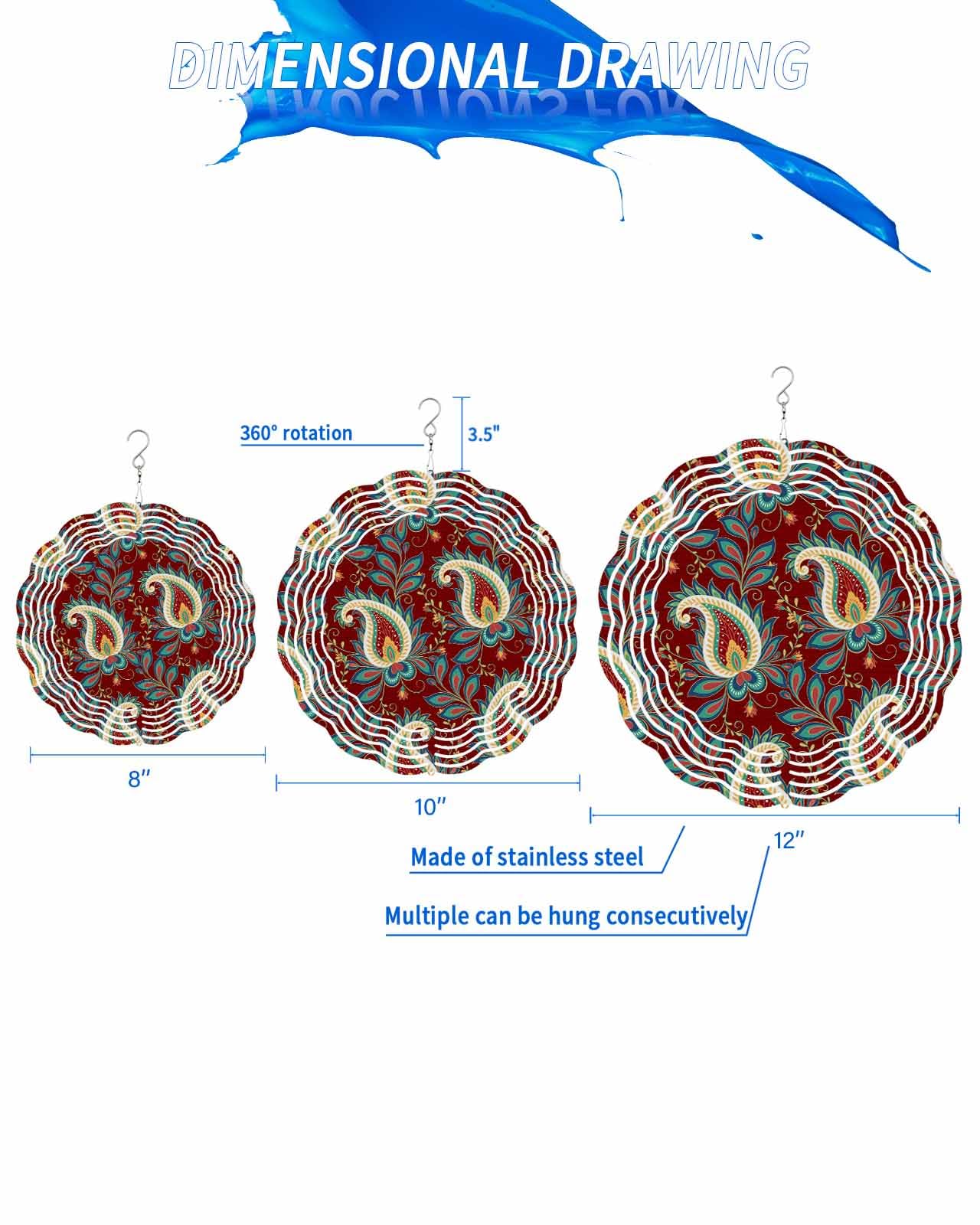 Abstract Wind Spinners, Retro Art Cashew Flower Red Hanging Wind Spinners for Yard and Garden 3D Stainless Steel Metal Sculptures Crafts Ornaments 10 Inch