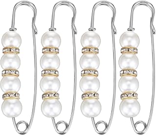 4 PCS Safety Pin Brooch Pearl Safety Pins Decorative Pins for Clothing Cute Fancy Fashion Faux Pearl Brooch Pin Heavy Duty Embellishment for Girls Women Pants Extender