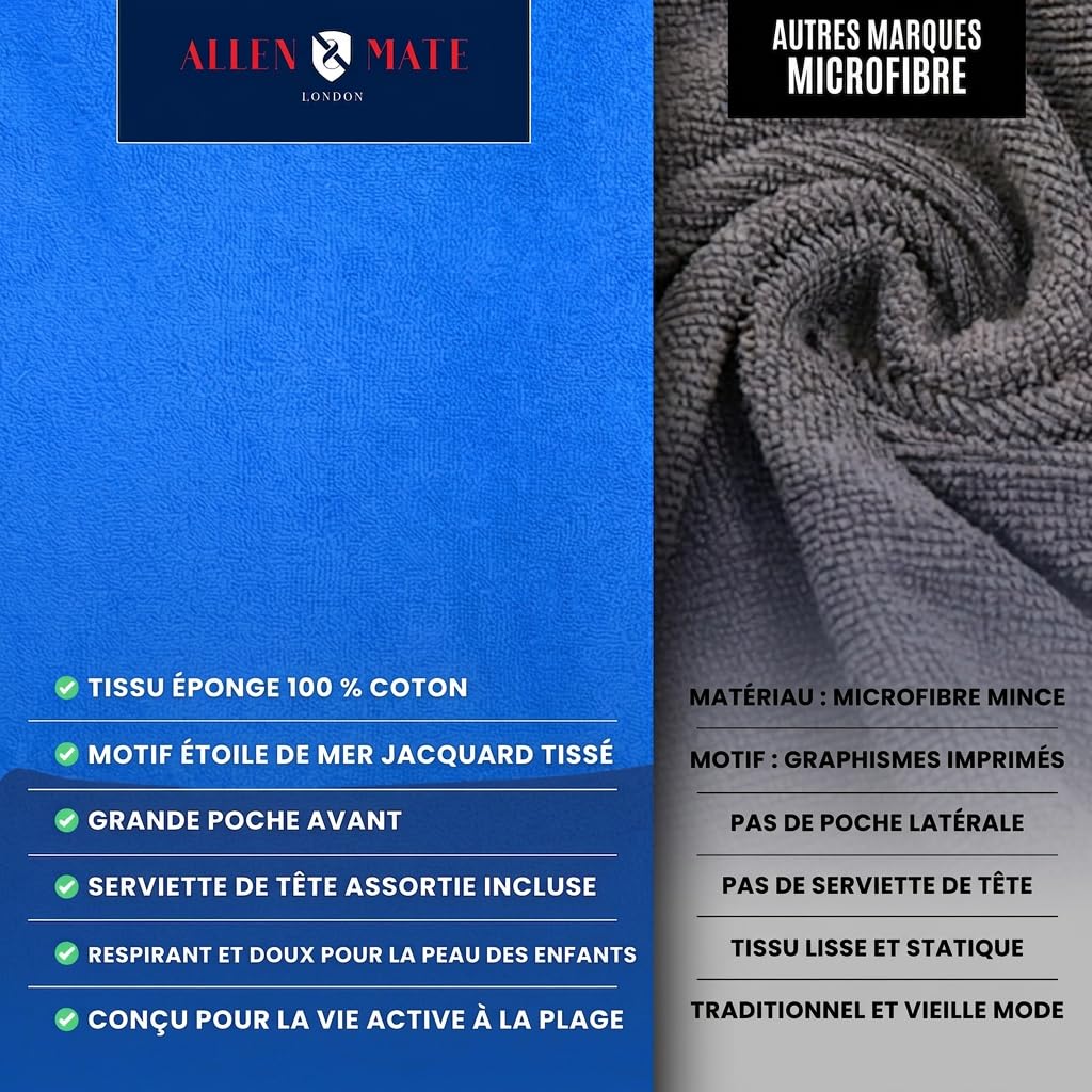 ALLEN & MATE 100% COTON Serviette de plage poncho pour enfants - Peignoir de bain surdimensionné à séchage rapide avec capuche et poche pour garçons et filles