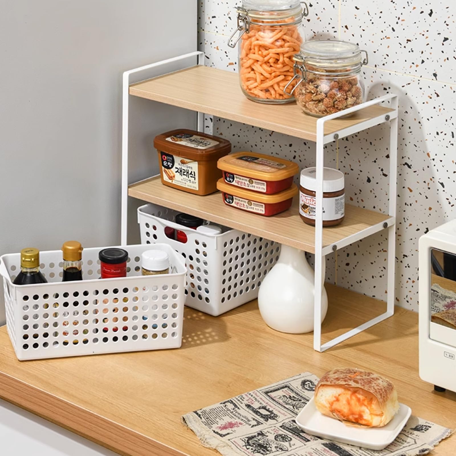 AKOLAFE Schreibtisch Organizer Regal Weiß 40x20x36cm Zweistöckig Schreibtischregal Holz Bücherregal Klein Schreibtisch Regal Aufbewahrungsregal für Schreibtischm, Alltagsgegenstände, Gewürze, Tassen Küche, Haushalt & Wohnen