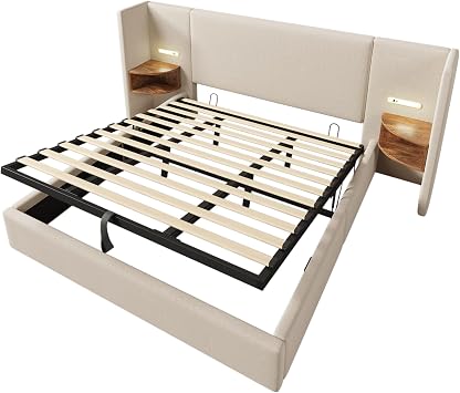 Moimhear Upholstered Bed 180 x 200 cm with Bedside Table Reading Lamp and USB Type-C Charging Function Bed System Storage Bed Bed Frame with Slatted Frame Made of Solid Wood and Metal Linen (Beige 180 x 200 cm)