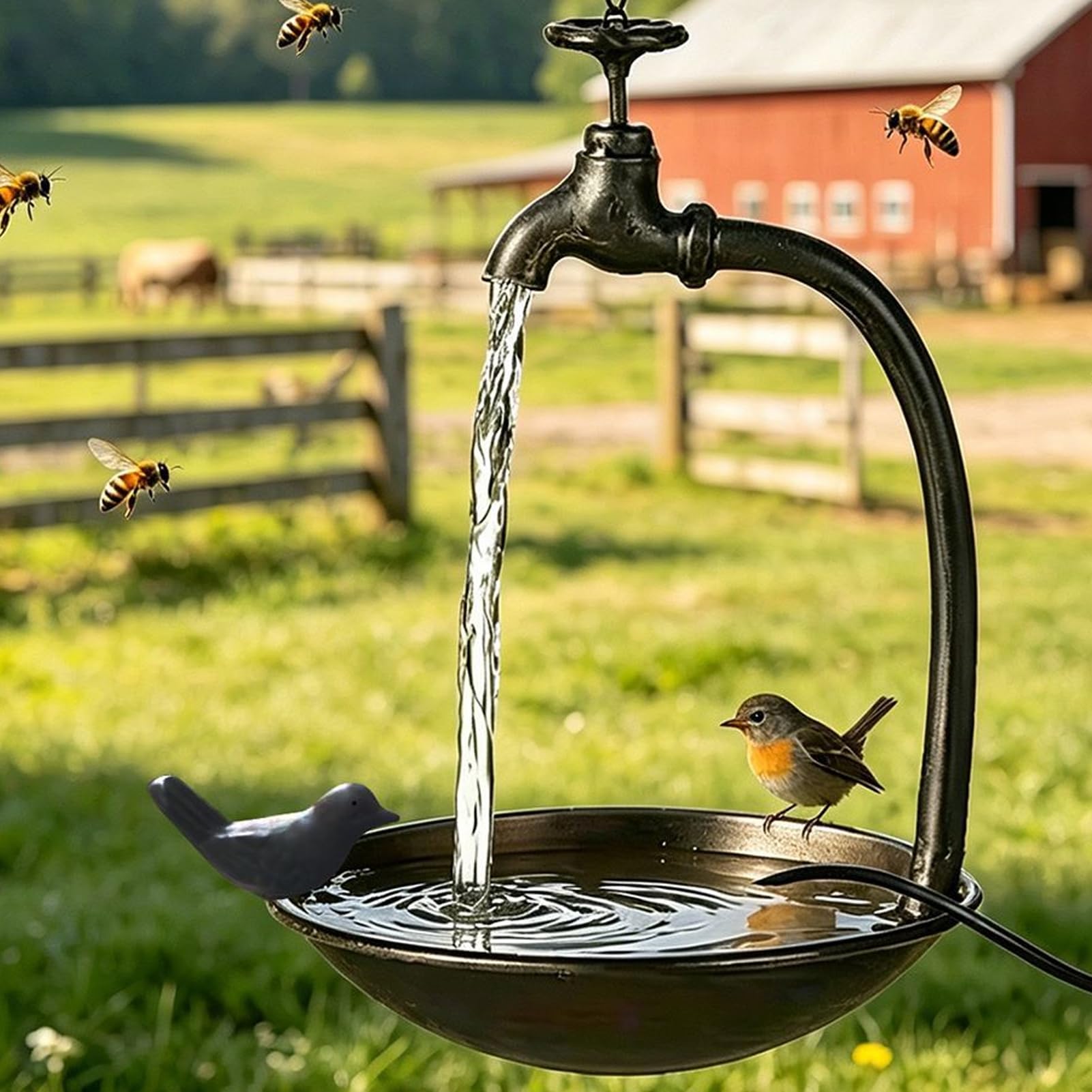 Mangiatoia per Uccelli da Bagno Ad Energia Solare, Vaschetta per Uccelli Sospesa e Mangiatoia per Esterni con Design del Rubinetto della Pompa a Fontana Solare