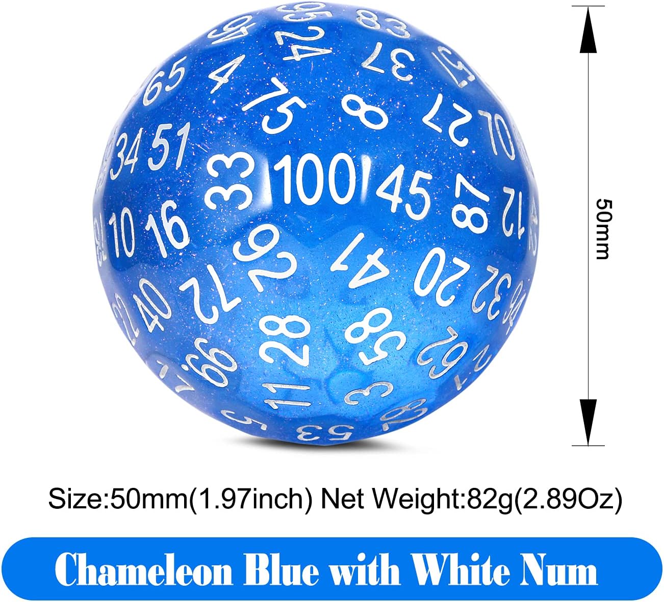 D100 Dice Glitter Blue DNDND 100 Sided Die with Translucent Pouch for Dungeons and Dragons(Chameleon Blue with White Number)