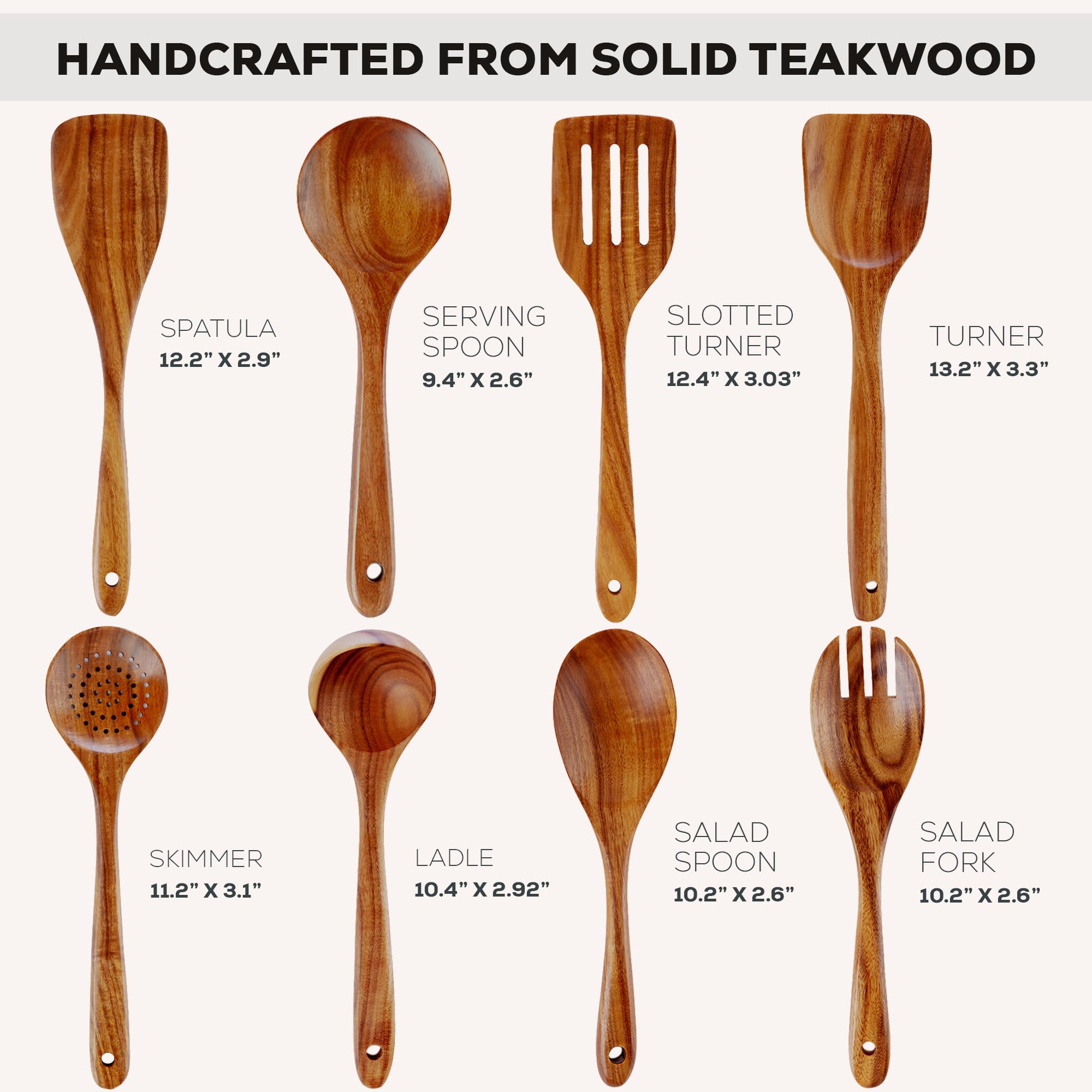 Zulay Kitchen Cucchiai in legno di teak di alta qualità per cucinare, finitura liscia, 8 pezzi, utensili da cucina in legno di teak naturale, antiaderenti, utensili da cucina in legno fatti a mano