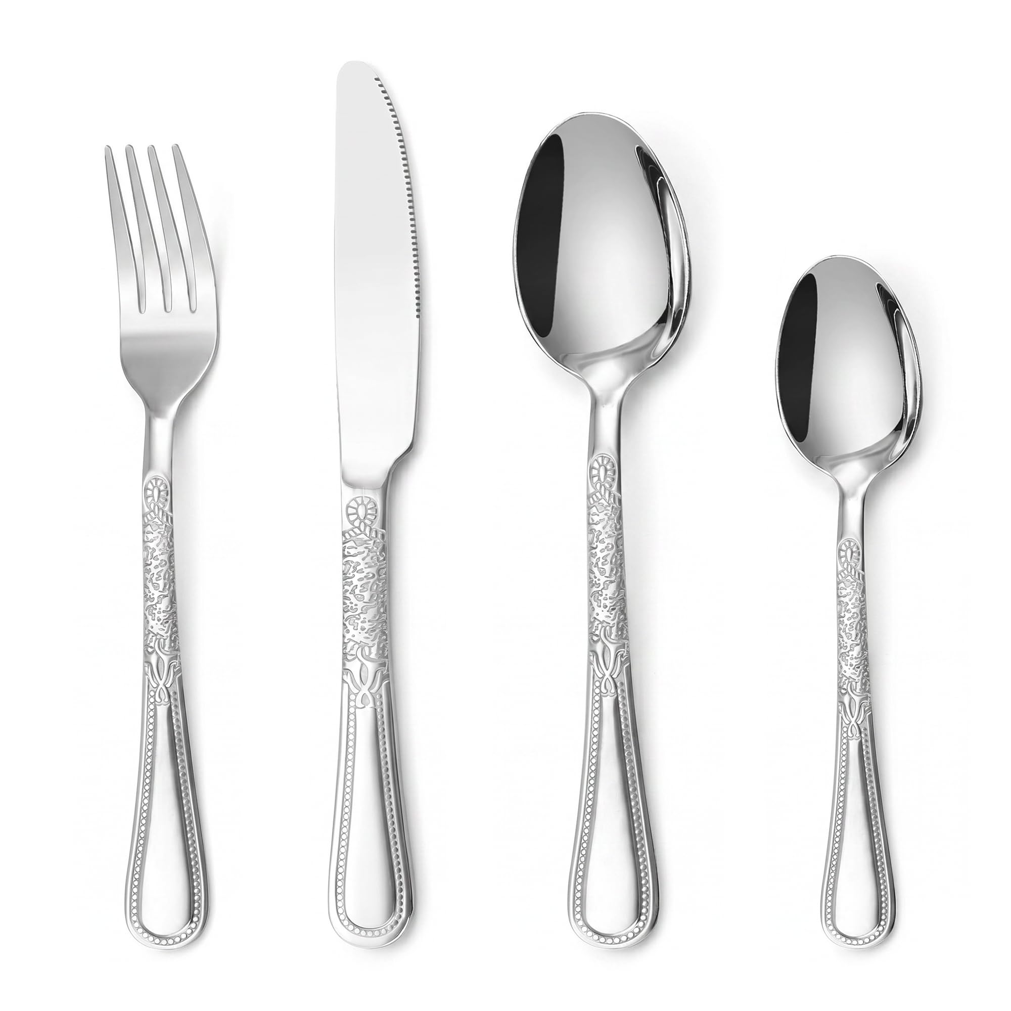 16PCS Cutlery Set, ASKSCICI Stainless Steel Flatware Set for 4-Person, Food-Grade Silverware Set with Floral Embossed Handle, Utensil Sets for Home Restaurant, Mirror Polished, Dishwasher Safe