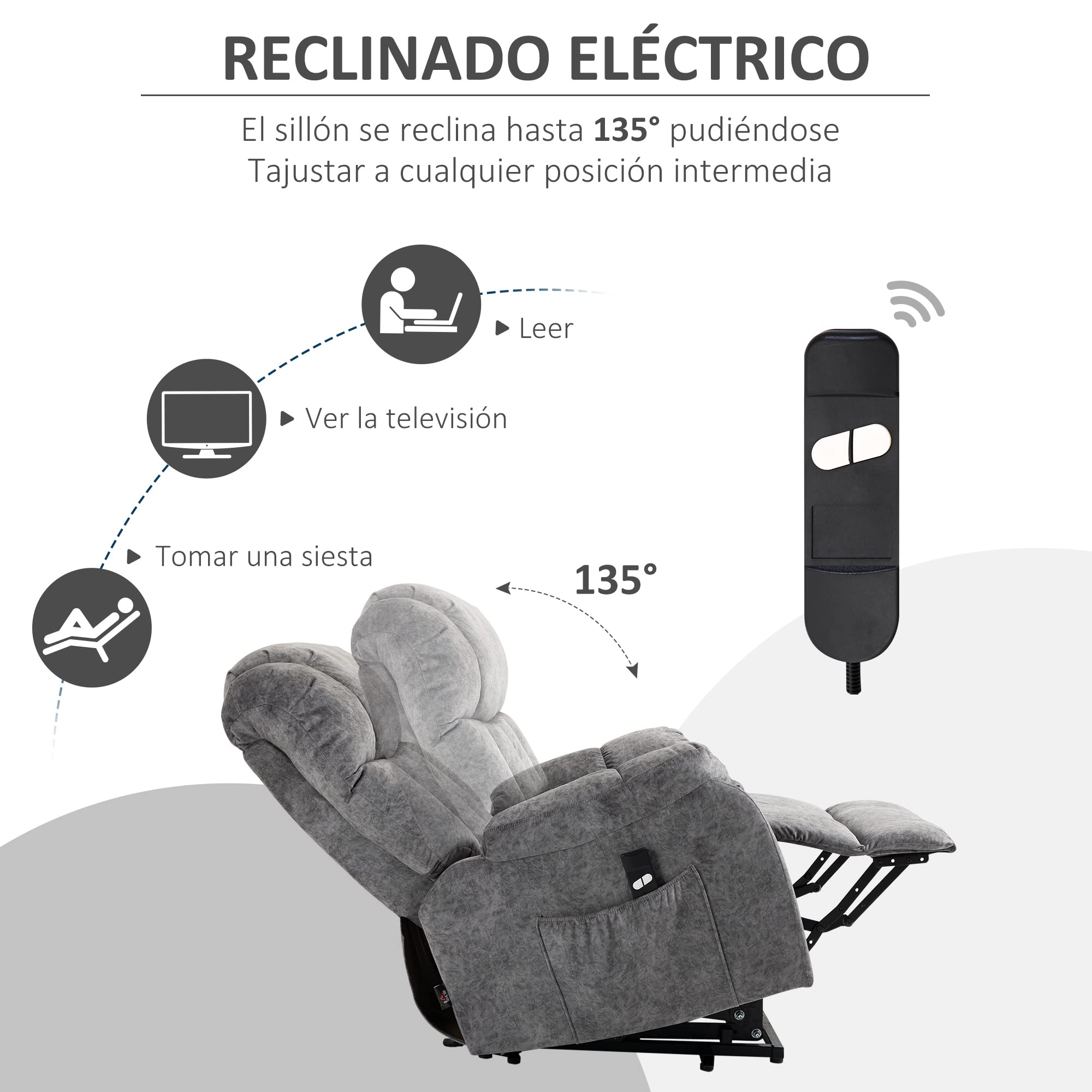 HOMCOM Sillón Relax Levanta Personas Eléctrico con Reposapiés Gris | Silla Elevadora Eléctrica, 2 Bolsillos Laterales, Mando a Distancia, Reclinación Eléctrica hasta 135°