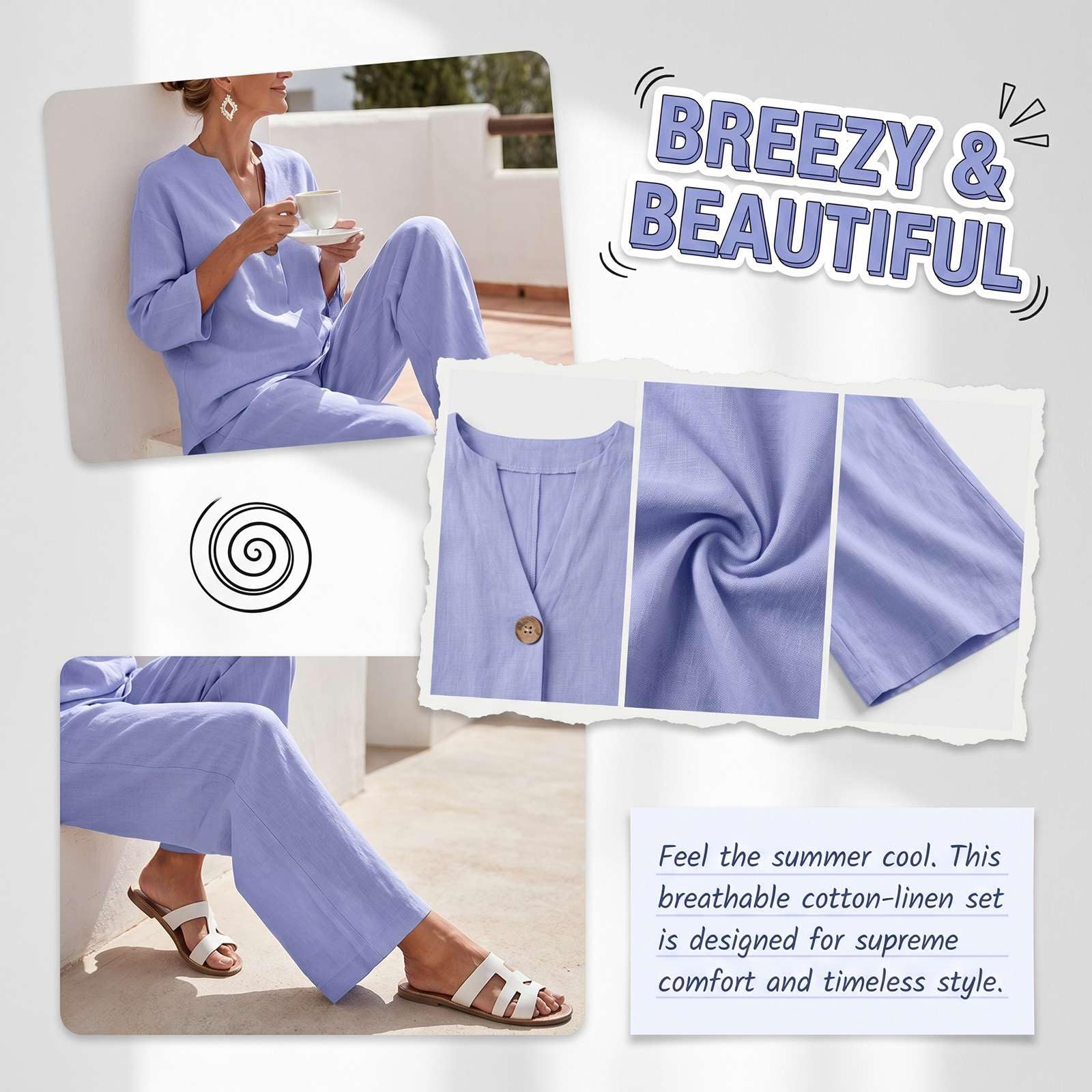 Completo Donna Estivo Boho Tuta Set 2 Pezzi Effetto Lino Pantaloni Larghi e Top Scollo a V 3/4 Tute Casual Mare Vacanza Co-ord Cotone Leggero Outfit Elegante