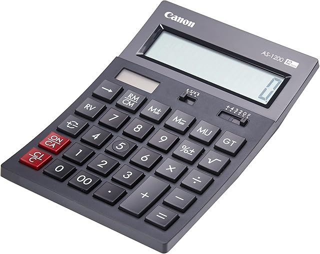 Canon AS-1200 Calculator Desktop Battery/Solar Mark-up 12 Digit 3 Memory Keys Dark Grey Ref 4599B001AA, 215596