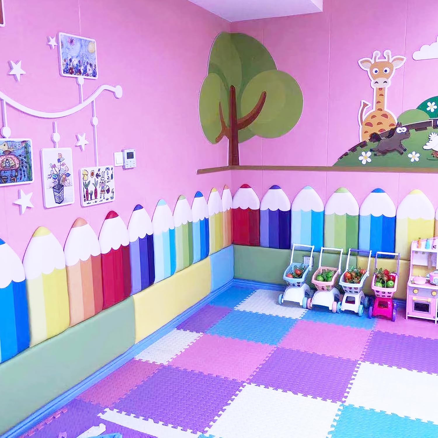 3D Anti-Collision Wall Padding, Pencil Shaped Upholstered Wall Panels, Peel and Stick Headboard, Playroom Decor Wall Padded, Nursery Sensory Wall Stickers (Sky Blue, 4)