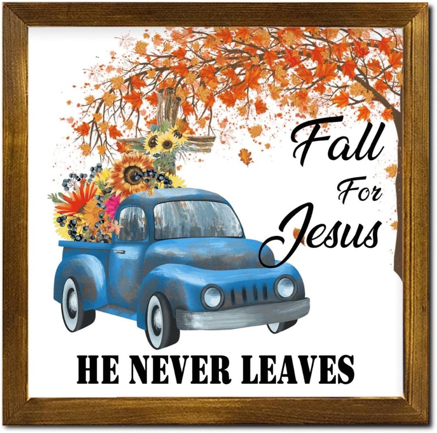 Fall for Jesus He Never Leaves Wood Framed Sign Pumpkin Leaves Cross Blue Truck Wood Sign Plaque Farmhouse Farm Harvest Home Wall Hanging Sign Decoration for Home Front Door Entryway Porch 12x12 inch