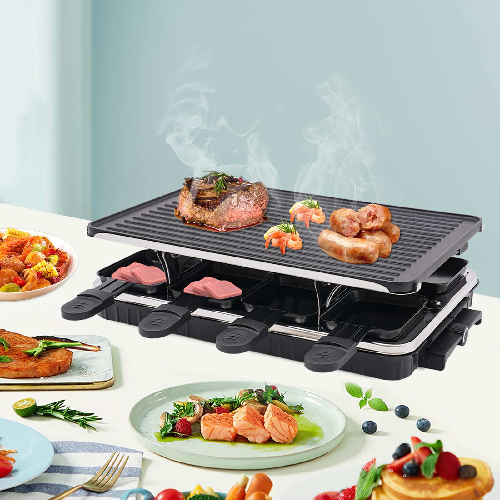 Elektryczny grill stołowy z łopatką i 9 płytami do pieczenia, idealny na imprezę dla rodziny i przyjaciół