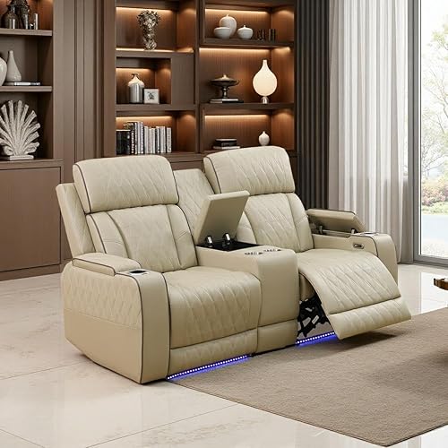 Miniatura 31 de Juego de sofá reclinable eléctrico y sofá biplaza, sofá reclinable de cuero negro con mesa desplegable, muebles de sala de estar, sofá reclinable
