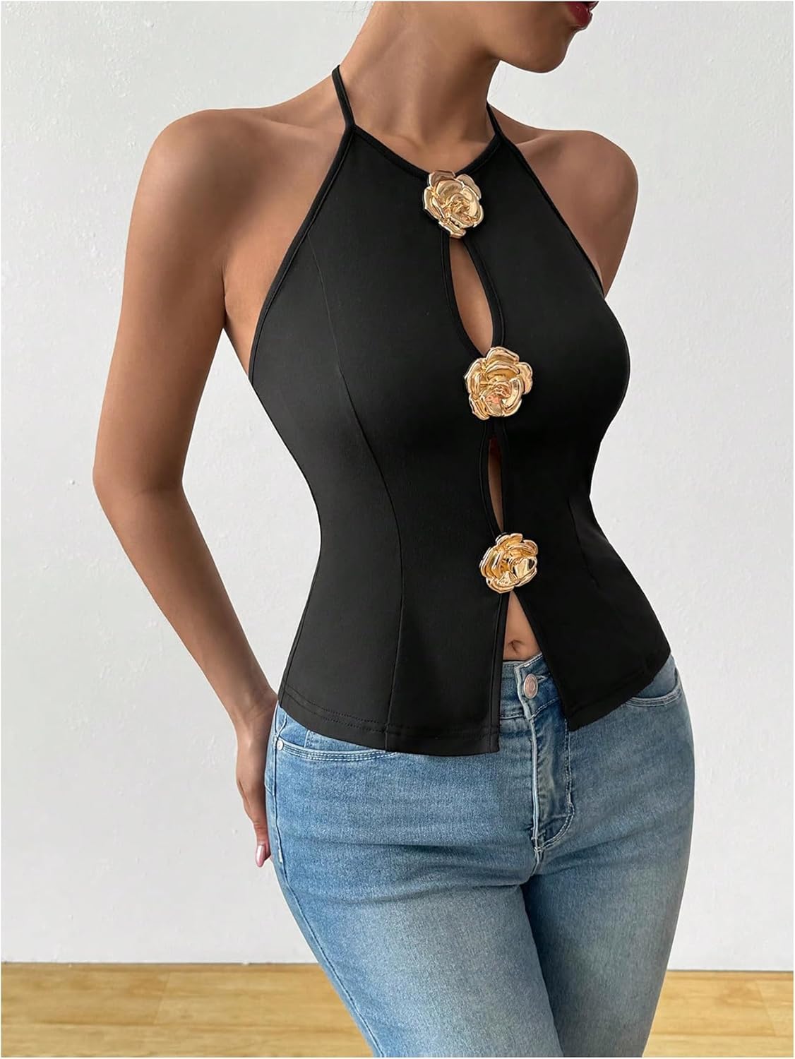 Milumia Women's Mental Floral Cut Out Halter Top Sleeveless Tie Backless Split Hem Cami Tops - Image 2