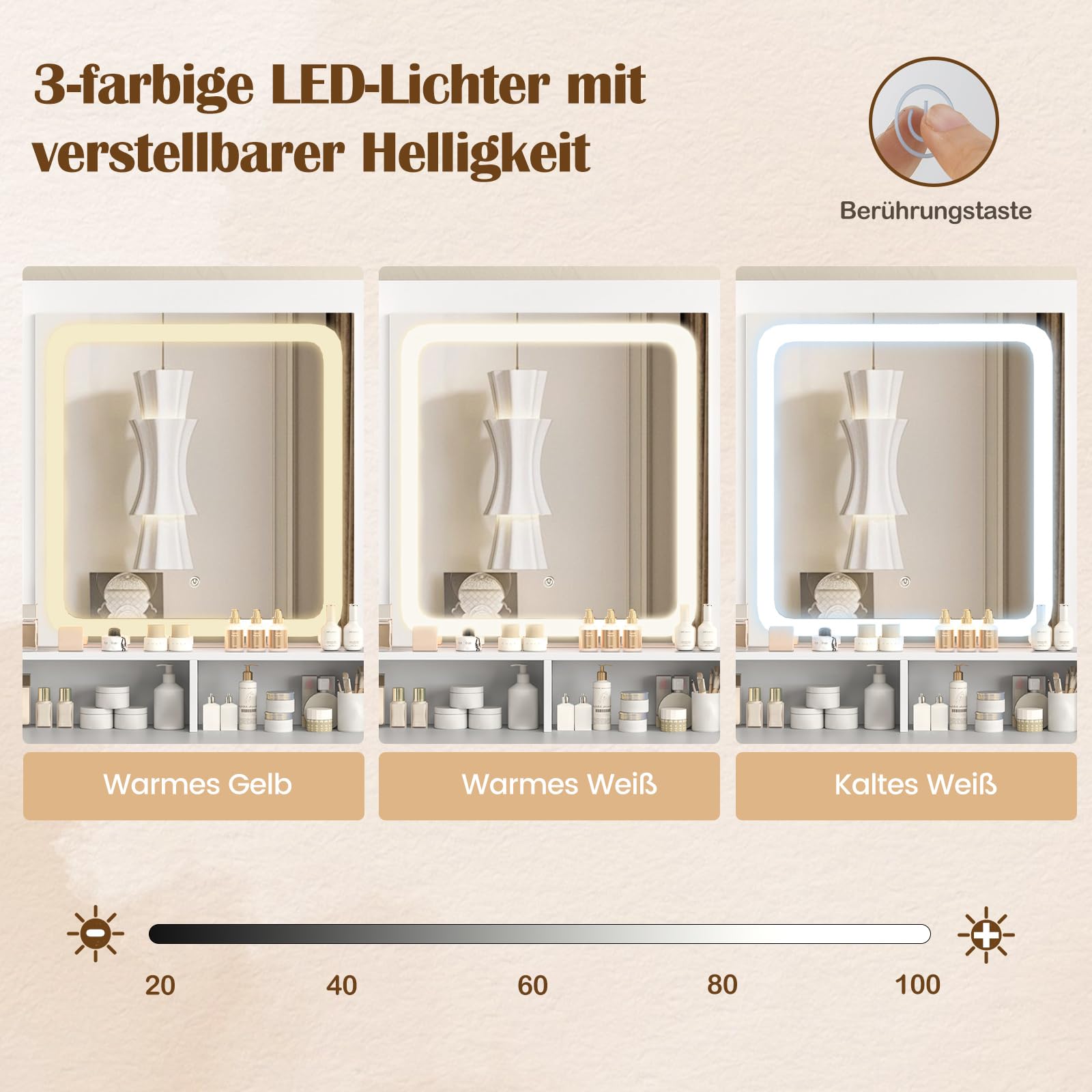 COSTWAY Toaletka z oświetleniem LED, toaletka ze stacją ładującą, szafka na biżuterię, taboret, lustro, szuflady, szafka, otwarte półki i uchwyt na suszarkę do włosów, biały