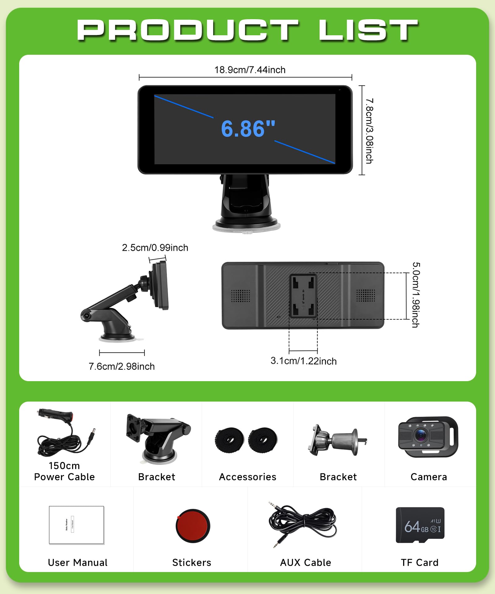 VECHTEL Camera Voiture bébé 2 enfants écran partagé 6,86 pouces HD 720P vision nocturne rotative 360° support ventouse