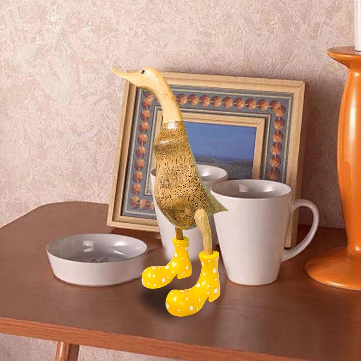 Cute Hand Painted Resin Duck Figurine with Brightly Colored Polka Dot Rain Boots Resin Ducks Figurine Funny Duck Sculpture for Home Office Patio Lawn Yard Ornaments (21.8CM, Yellow)