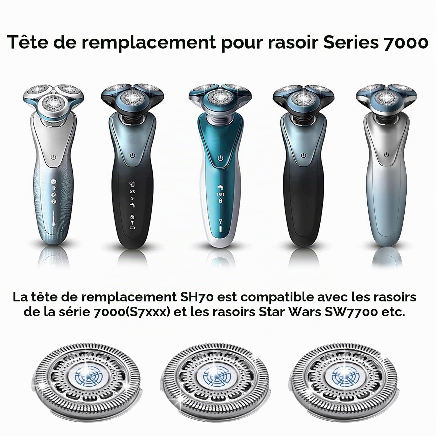 Tête de rasage de rechange complète pour les têtes de rasage Philips Norel*o Series 7000, modèle SH70.Boucle à molette métallique et lames de précision améliorées à double couche