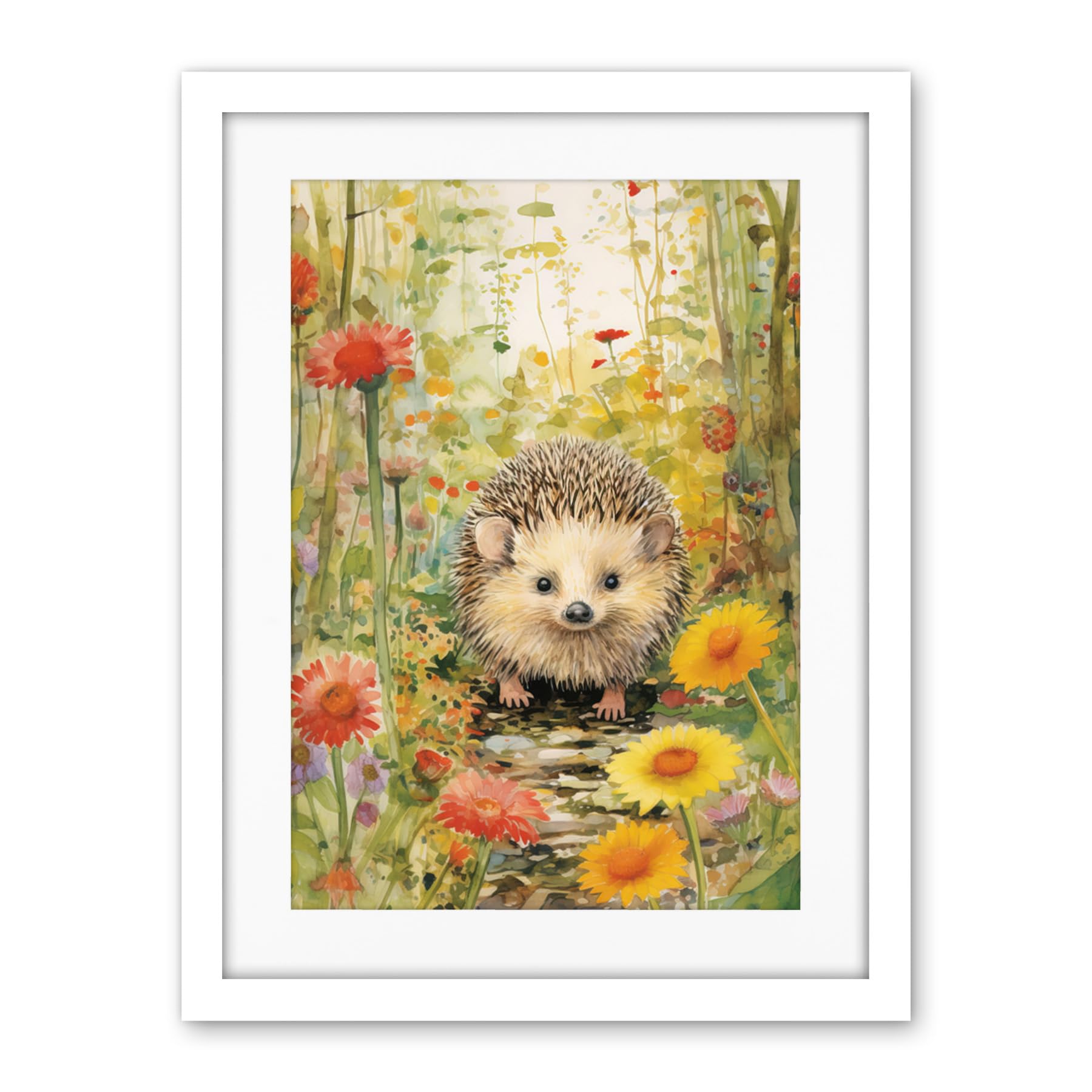 Artery8 Adorable Hedgehog in a Wildflower Meadow Watercolour Painting Kids Bedroom Cute Woodland Creature Artwork Framed Wall Art Print 18X24 Inch