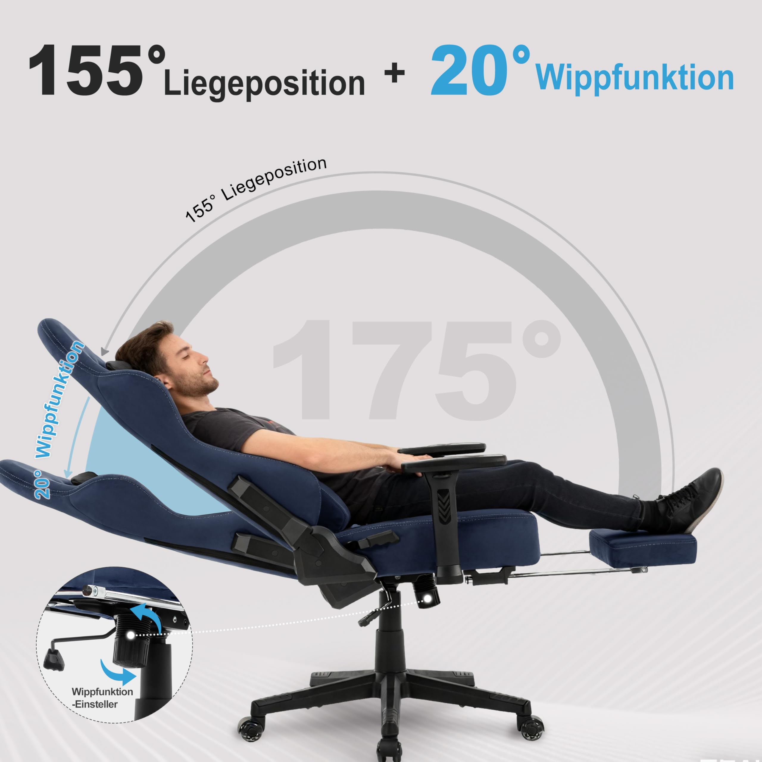 Symino Chaise Gamer XL, Siège Large Mousse+Latex, Support Lombaire & Tête, Inclinaison 175°, 300kg, Roues Silencieuses Incluses (Faux Daim, Bleu Foncé)