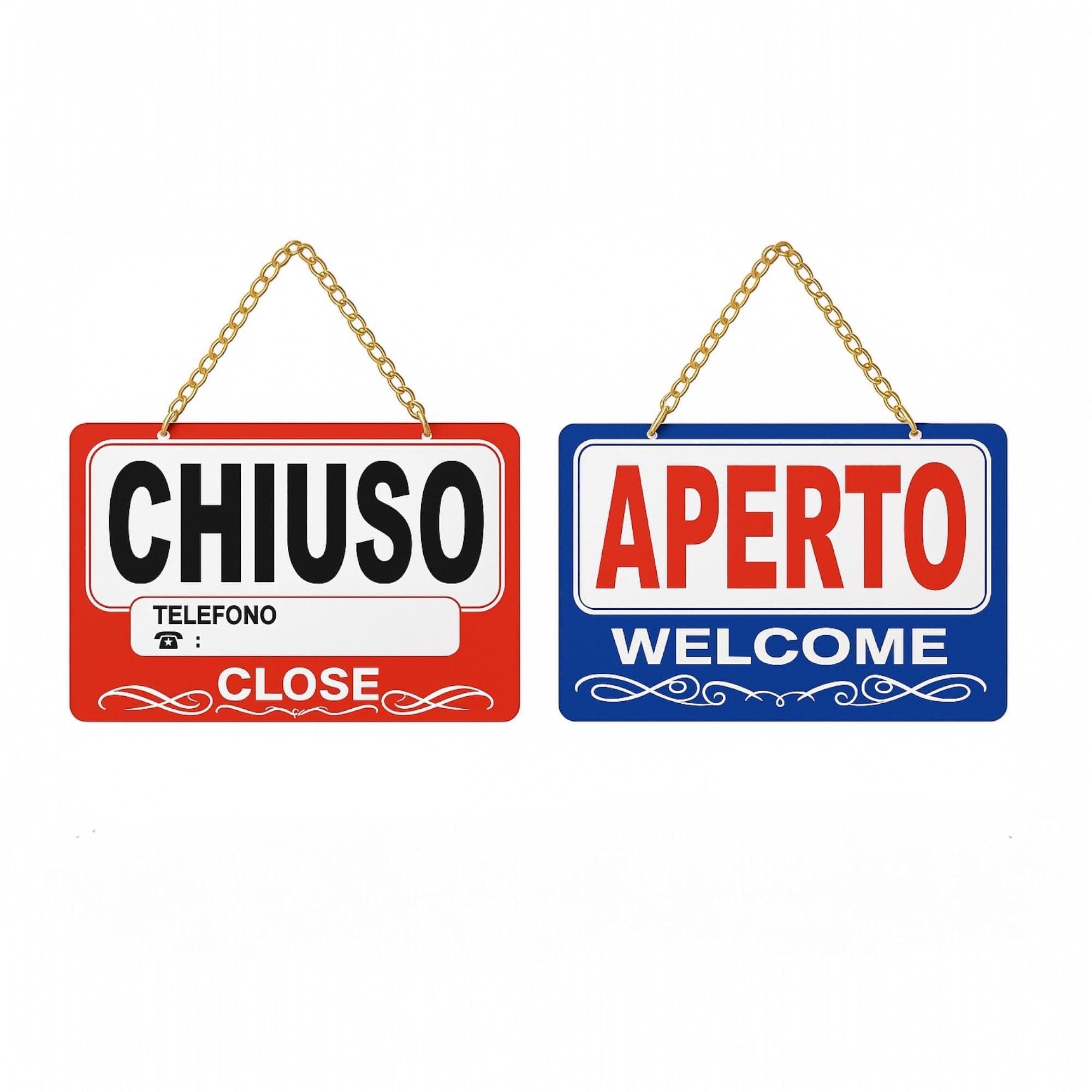 Topolenashop Cartello Aperto Chiuso Reversibile 29x19 cm – Insegna Bilingue Open Close per Negozi, Bar e Ristoranti – Cartello da Appendere con Catena Dorata per Porta e Vetrina ART.689388