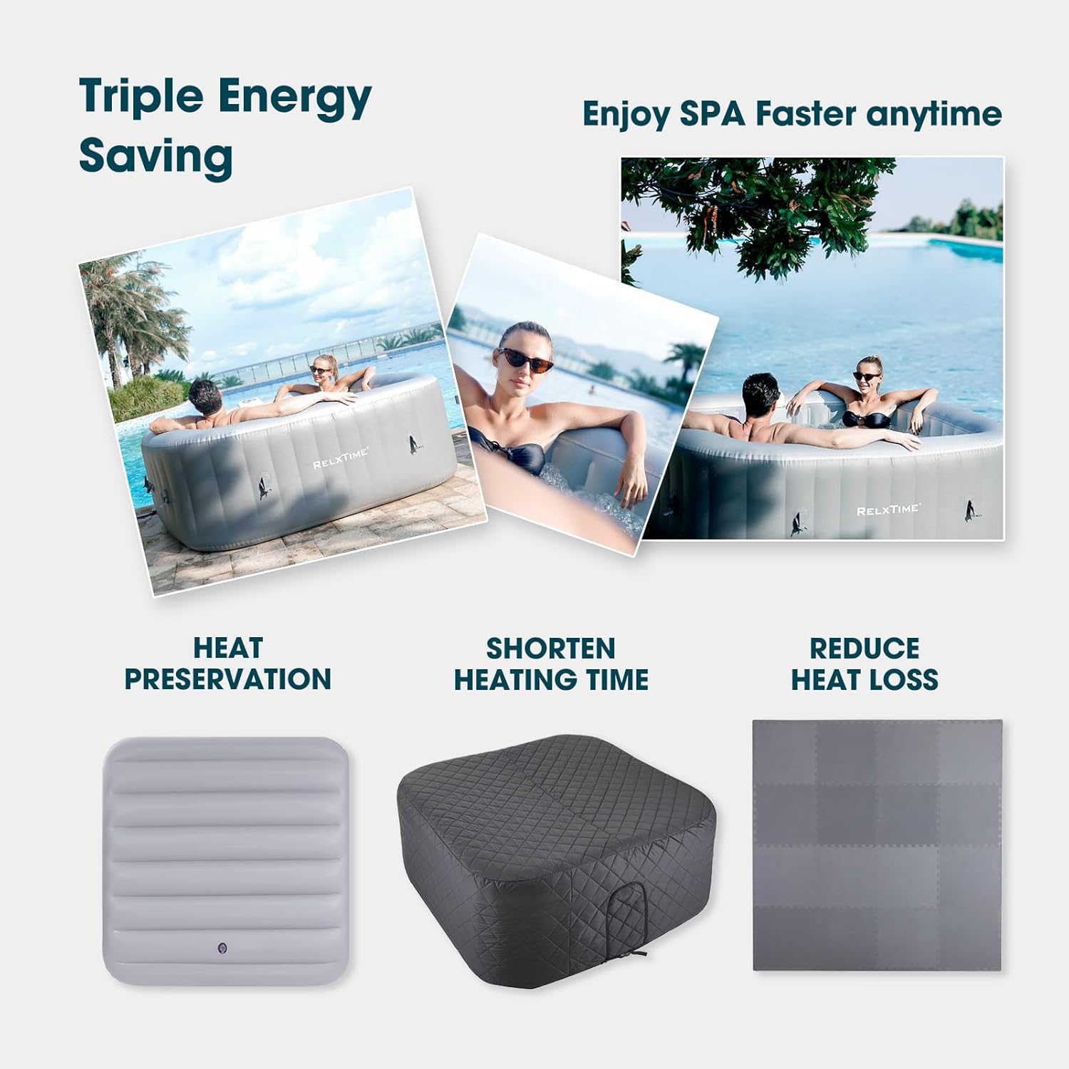 Inflatable Hot Tub Insulation Cover Set Square, Thermal Insulated Pool Cover for Above Ground Pools, Tear & UV Resistant, 73-inch, for Square Tub