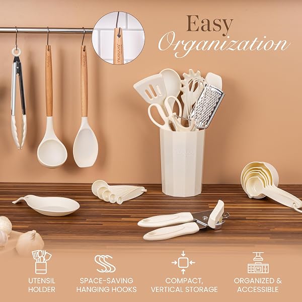 Kitchen Non Stick Cooking Utensils Set β Heat Resistant Silicone Utensils with Wooden Handle β Ladles, Spoons and Spatulas Set β Kitchen Tools & Accessories β 35pcs, Cream β by Nuovva - 3