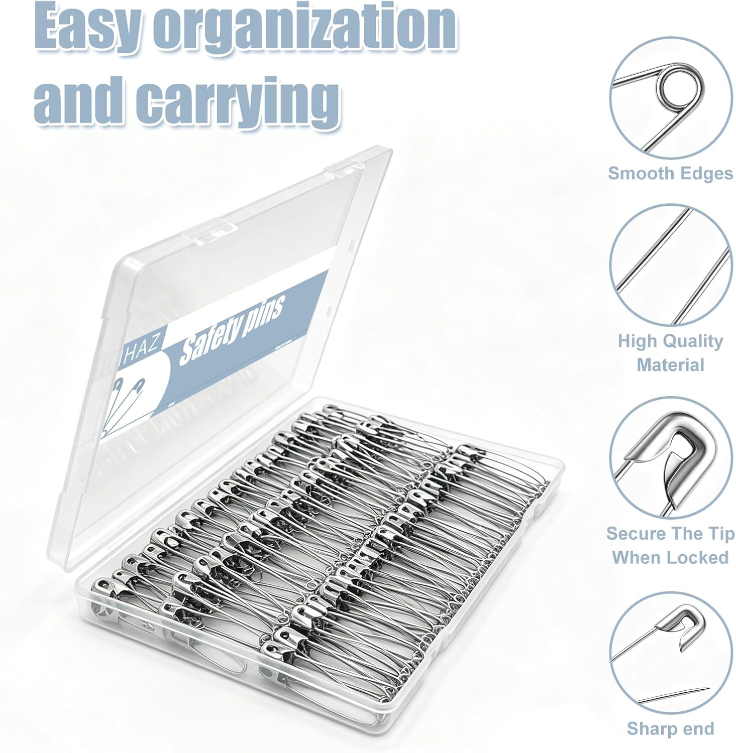 2.2 Inch Heavy Duty Safety Pins, 200 Pack, Stainless Steel | Rust Resistant, 55mm, Bulk Large Pins for Clothes, Sewing, Diapers, Craft, Quilting, Jewelry Making