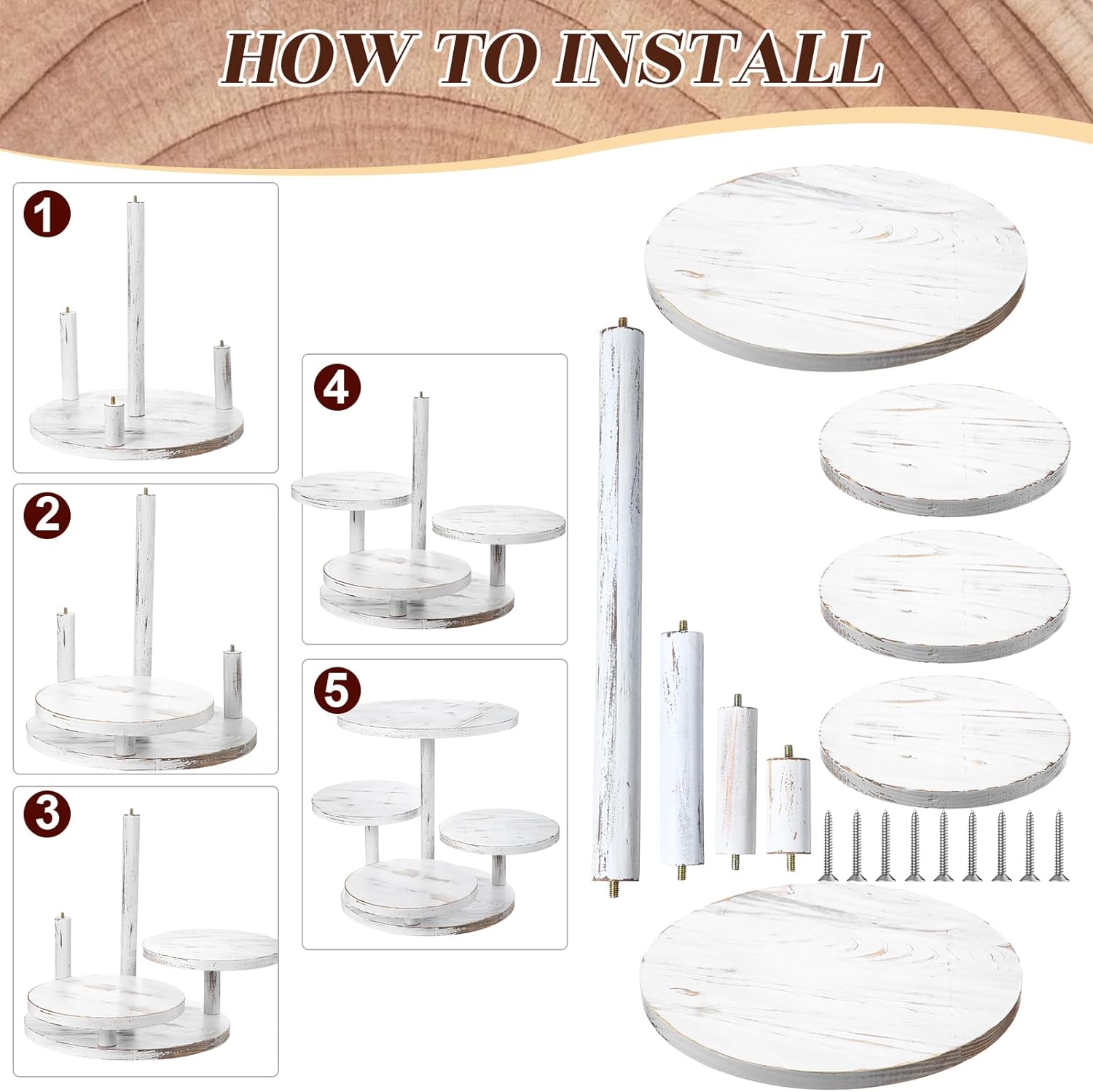 Lallisa 4 Tier Round Cupcake Tower Stand Set of 8 Wood Cake Stand with Tiered Tray Decoration Wooden Display Risers Rustic Buffet Serving Stands for Farmhouse Decorations Wedding Tea Party (White)