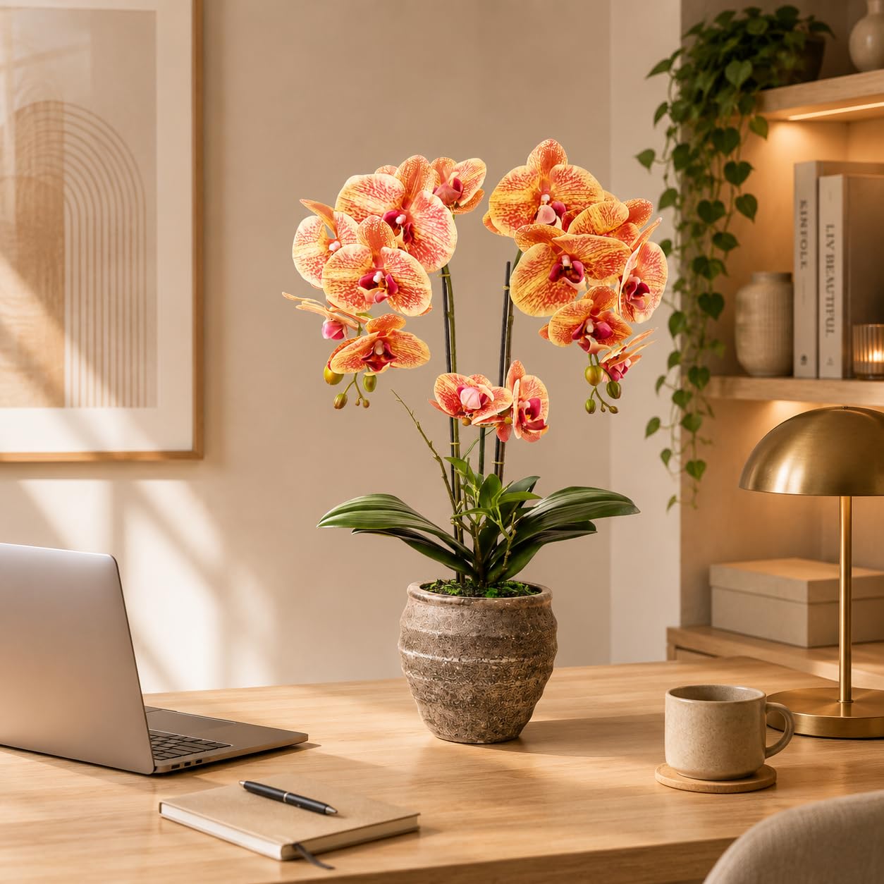 PASCH® Orchideen künstlich (60cm) in handgefertigtem Stone Cube Topf | Kunstblumen wie echt | künstliche Orchideen im Topf | künstliche Blumen im Topf | Kunstblume Orchidee (Orange)
