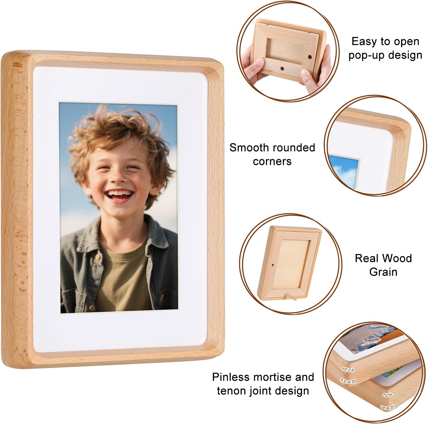 6x8 inch Natural Wood Picture Frame, Natural Beech Wooden Frame, Display Pictures 4x6 with Mat or 6x8 Without Mat, for Tabletop Display Home Decor Wood Photo Frames