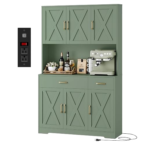 HOSTACK 71'H Kitchen Pantry Storage Cabinet, Farmhouse Hutch Cabinet, Green | Space-Saving Pantry Cabinet with Charging