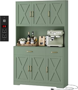 HOSTACK 71" Pantry Cabinet with Charging Station, Tall Kitchen Pantry Storage Cabinet with Microwave Stand, Farmhouse Kitchen Hutch with Storage Drawers for Living Room, Dining Room, Green