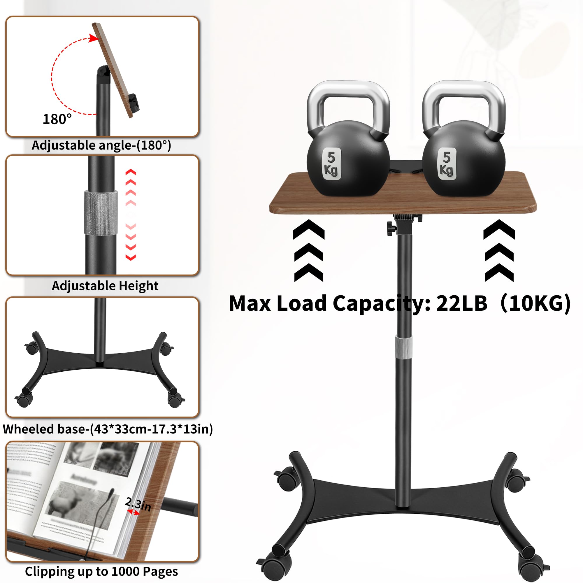 Supporto da lettura regolabile in altezza da 50 a 130 cm, supporto per laptop pieghevole a mani libere con ruote, lettura di libri in legno con graffette, scrivania portatile per tablet, libri, laptop