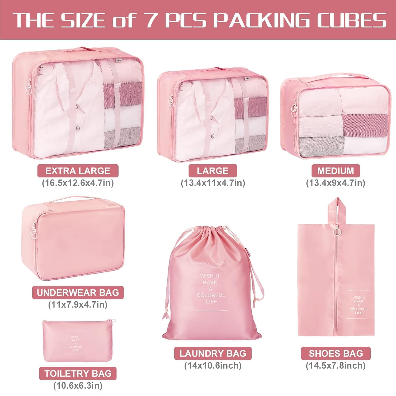 GOPINATH ECOM 7 in 1 Travel Organizer Bag Set Pink Nylon Packing Cubes Luggage Makeup Toiletry Shoe Laundry Drawstring Lightweight Durable 3