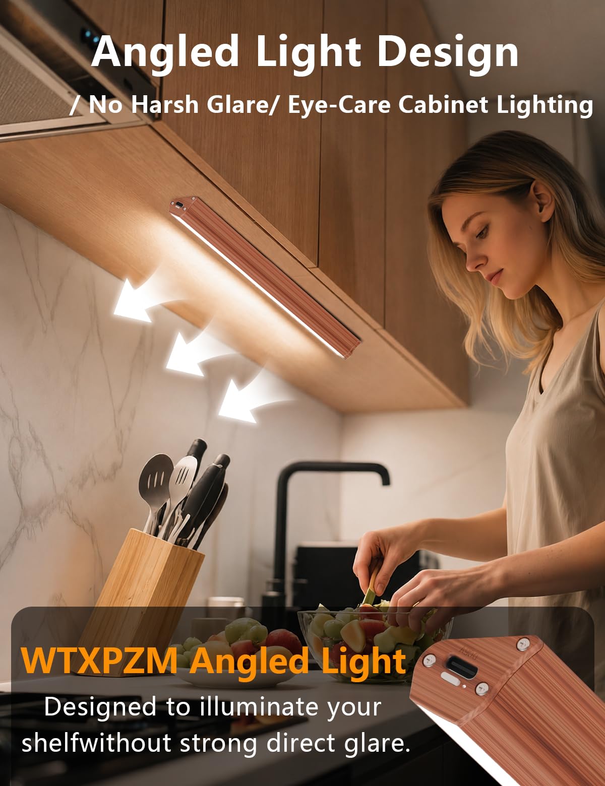 Luci per armadietto, luci LED per armadio, ricarica USB wireless (colore legno, confezione da 2 da 31 cm)
