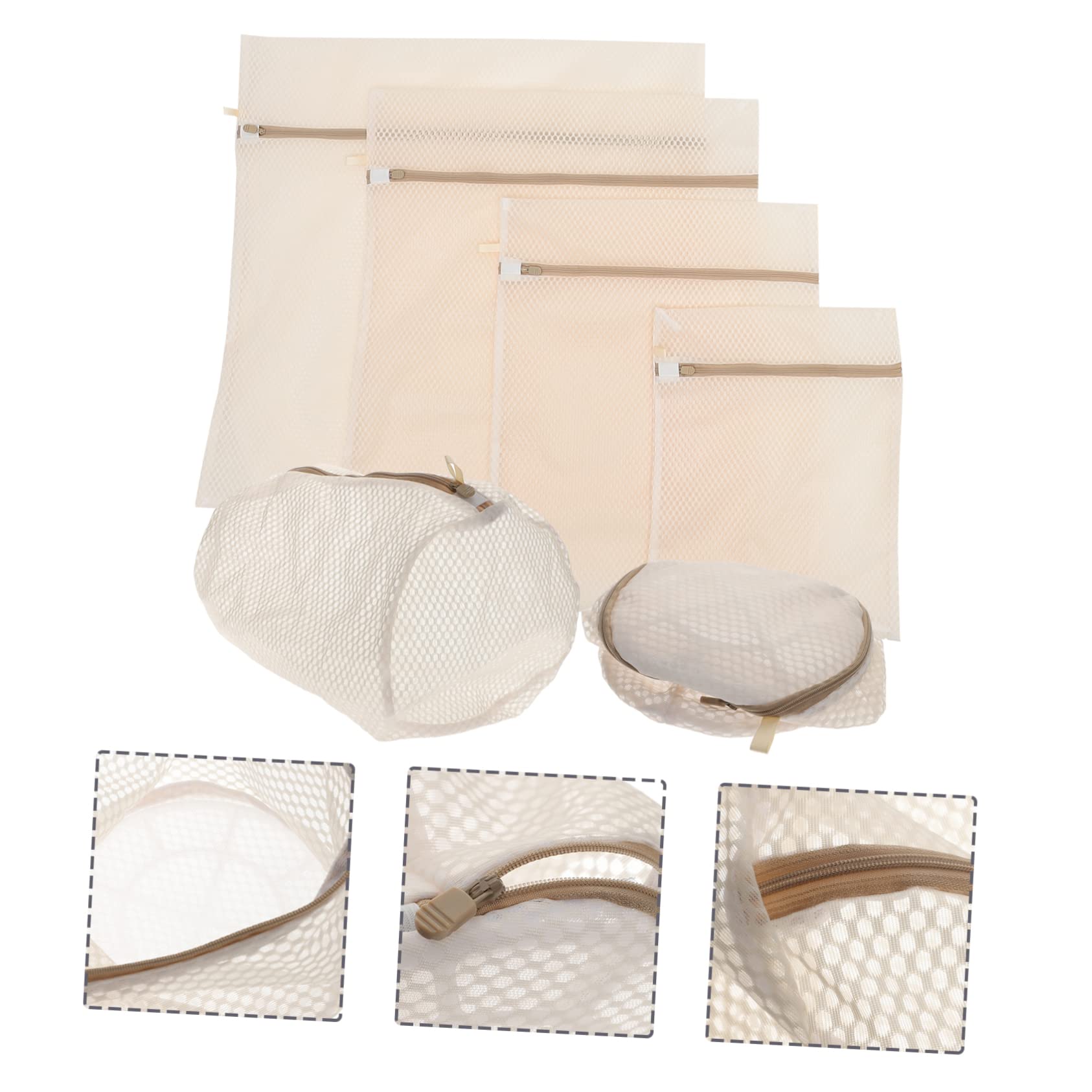 Set 6 Sacchetti per Bucato in Poliestere Beige, Protezione per Biancheria Intima e Reggiseni, Sacchetti Rete Delicati per Lavatrice e Lavaggi Precisi