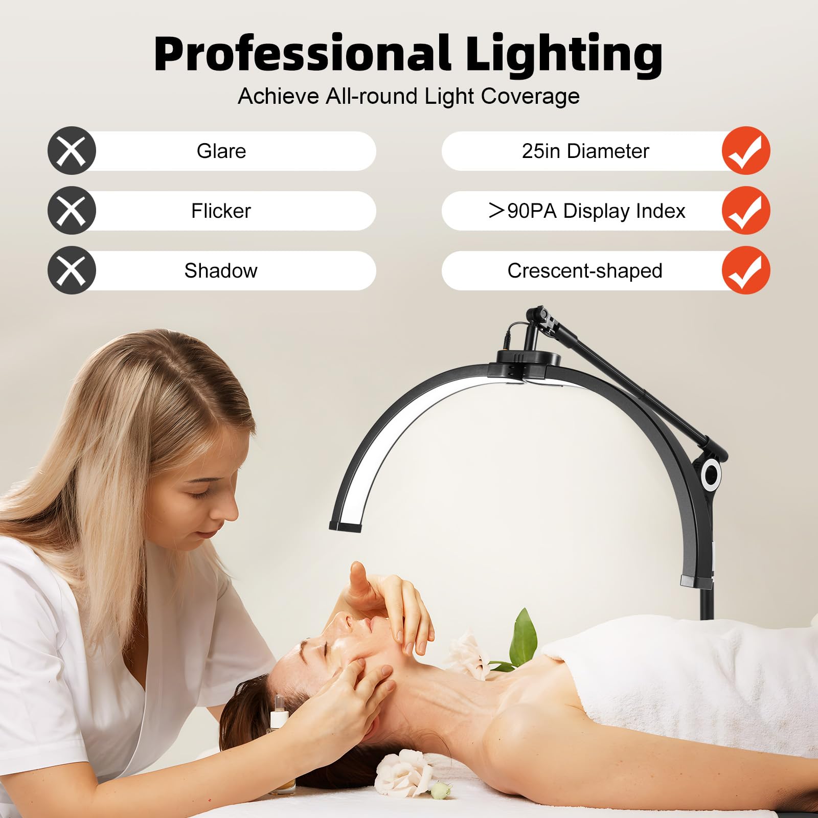 Lampa kosmetyczna z półksiężycem, lampa kosmetyczna LED ze stojakiem na telefon i kółkami, regulacja 350°, dwie opcje sterowania, 3200 K-5600 K, oświetlenie do salonów, studia fotograficznego, stołów