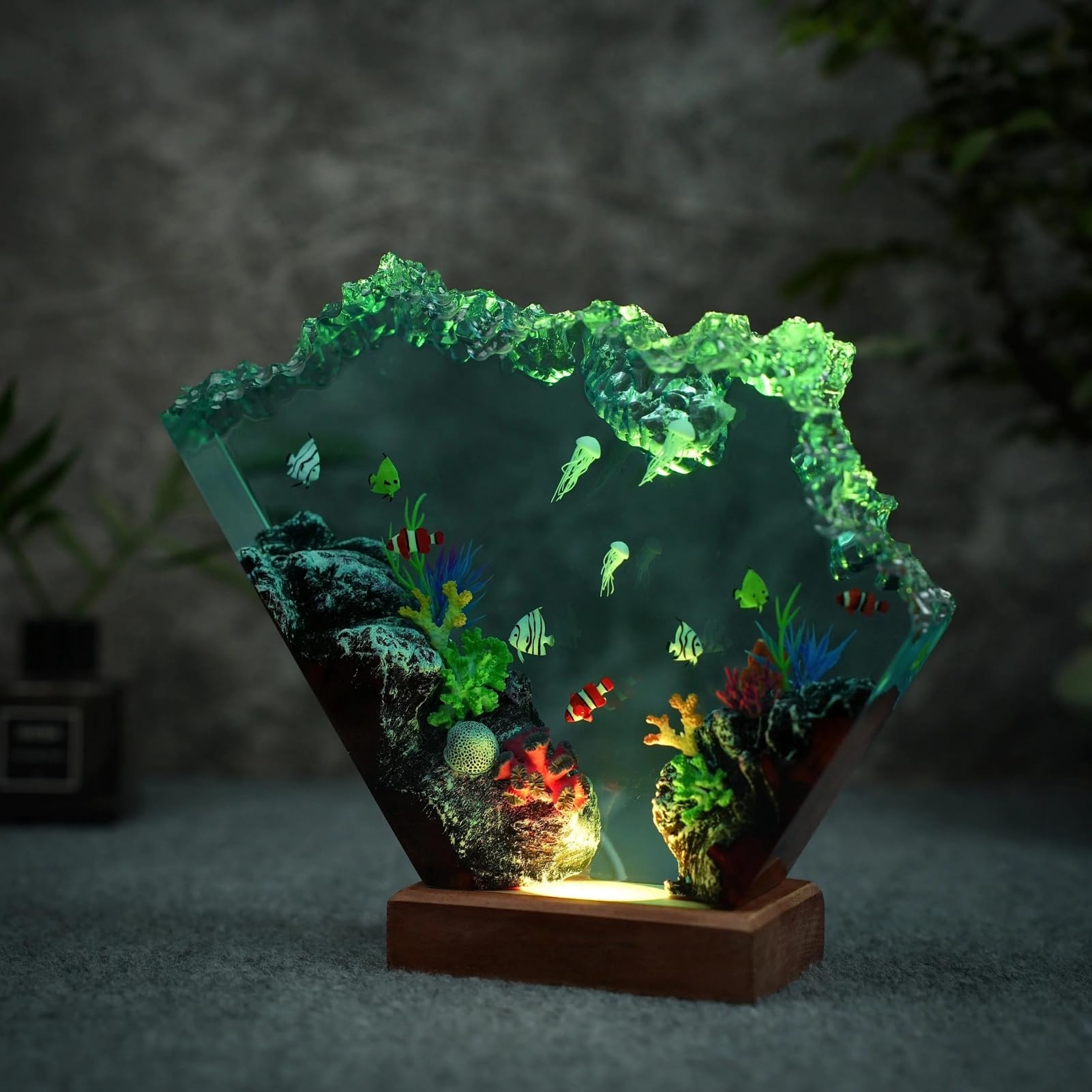 Drawelry Luce Notte Resina Epossidica Paesaggio Sottomarino 3D Artigianale, Decorazion Casa Base Legno, Mini Acquario Marino con Animali Marini Lampada per Cameretta Soggiorno Ufficio (A12)