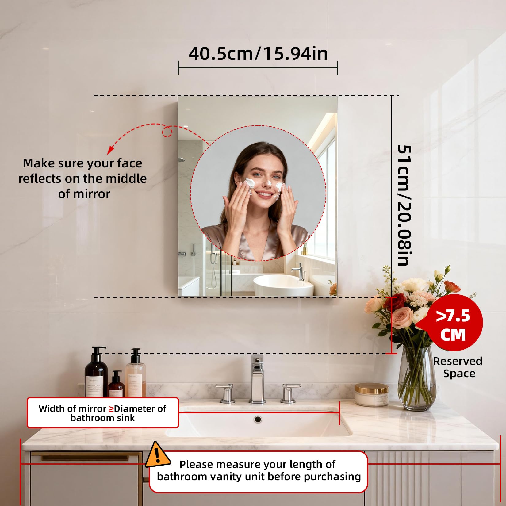 Botiquín de baño de 40 x 50 cm con espejo, marco de aluminio, ligero, resistente y atractivo, adecuado para montaje empotrado o en pared, estantes ajustables, vidrio templado, requiere montaje