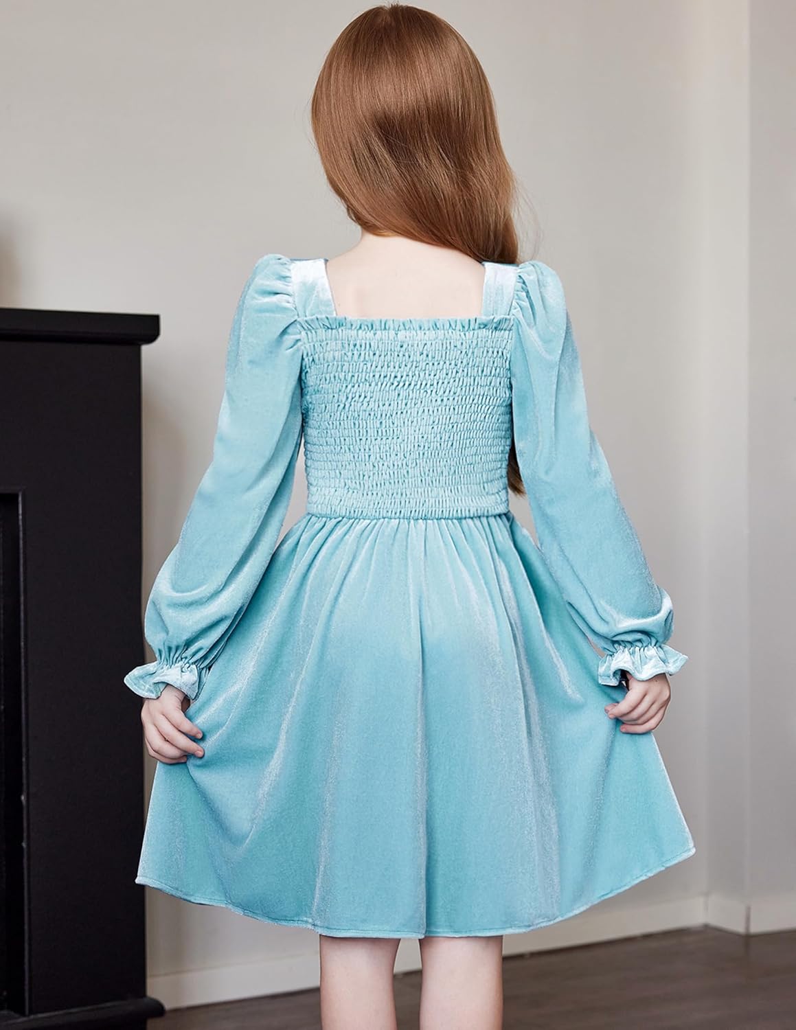 Arshiner Toddler Velvet Dress Girls Smocked Square Neck Puff Long Sleeve Party Dresses with Pockets 3-8Y - Image 3