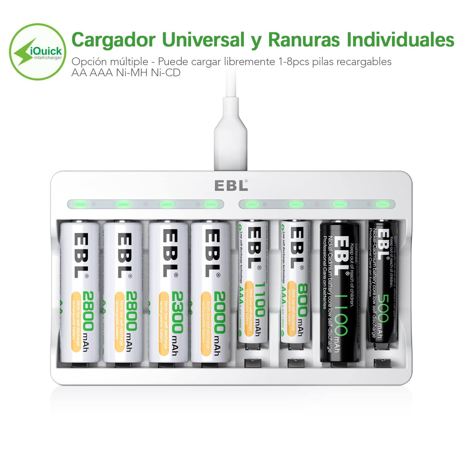 EBL 9010 Cargador de 8 Ranuras Individuales, Cargador de Pilas AA AAA NiMH Carga Rápido con Puerto USB