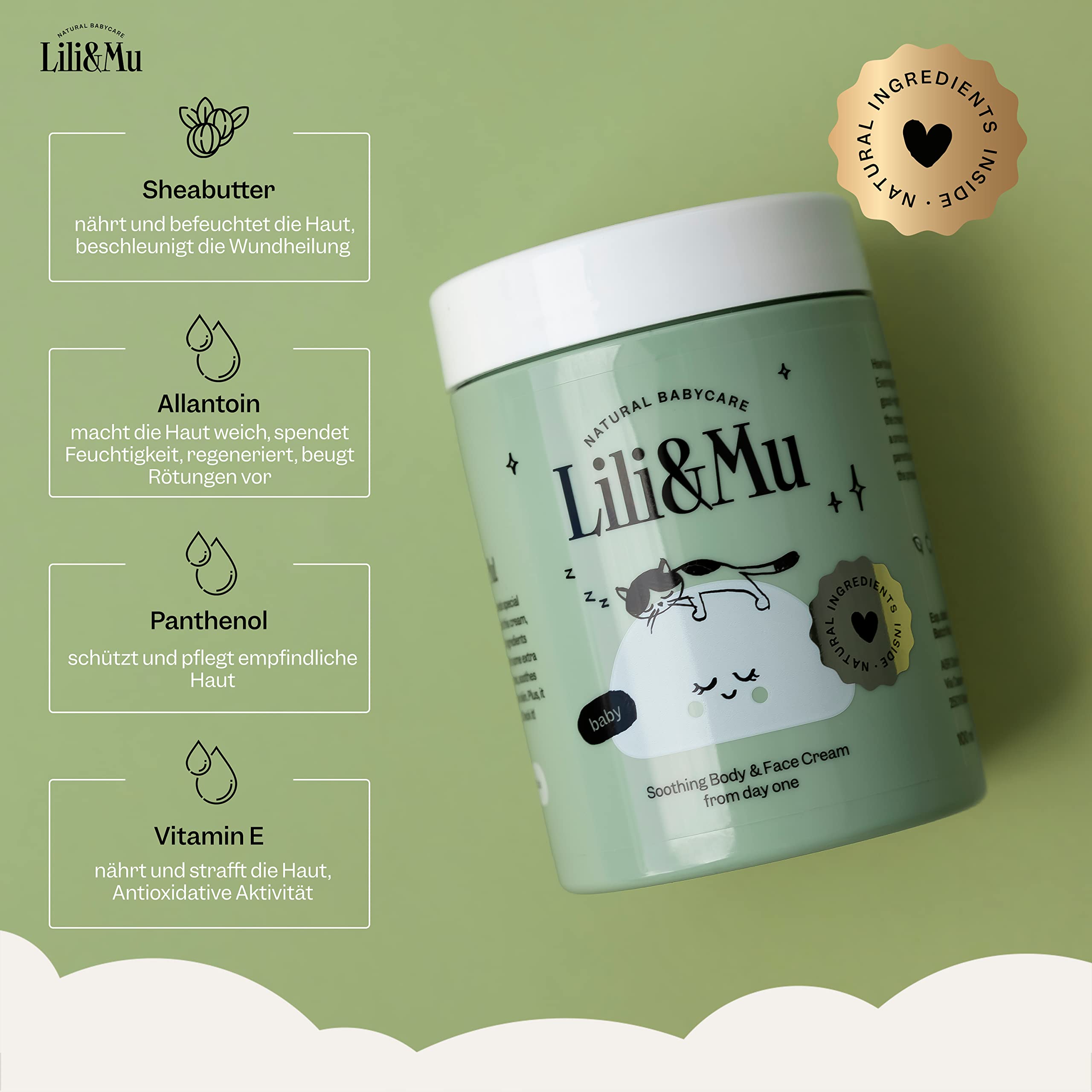 Lili&Mu Crema hidratante facial y corporal, 100 ml, con manteca de karité y extracto de caléndula, para piel sensible y seca del bebé, cosmética natural