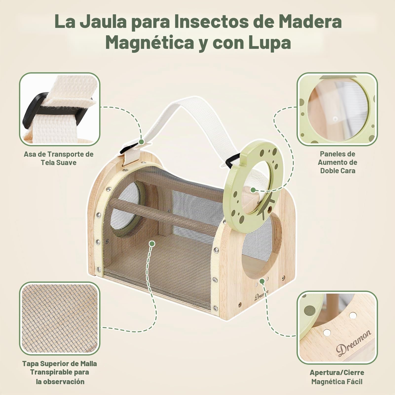 Dreamon Kit de Caza de Insectos para Niños de 3-5 Años: Jaula de Madera, Aspirador, Red y Bolsa - Juguete de Exploración al Aire Libre y Safari