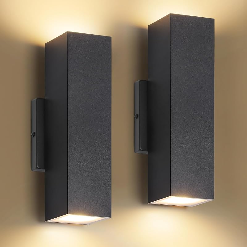 2-Pack Outdoor Wall Lights, Modern LED Up and Down Lights, Black | Built-in 3000K LED, Waterproof, Rust-Resistant, Durable Metal, Sleek Minimalist Design, Ideal for Porch, Front Door & Garage