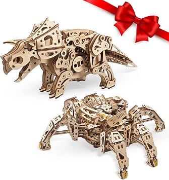 UGEARS Bundles 3D Puzzles - Triceratops and Hexapod Explore, 3D Puzzle Wooden 3-D Puzzles for Adults Model kit DIY Mechanical Puzzles