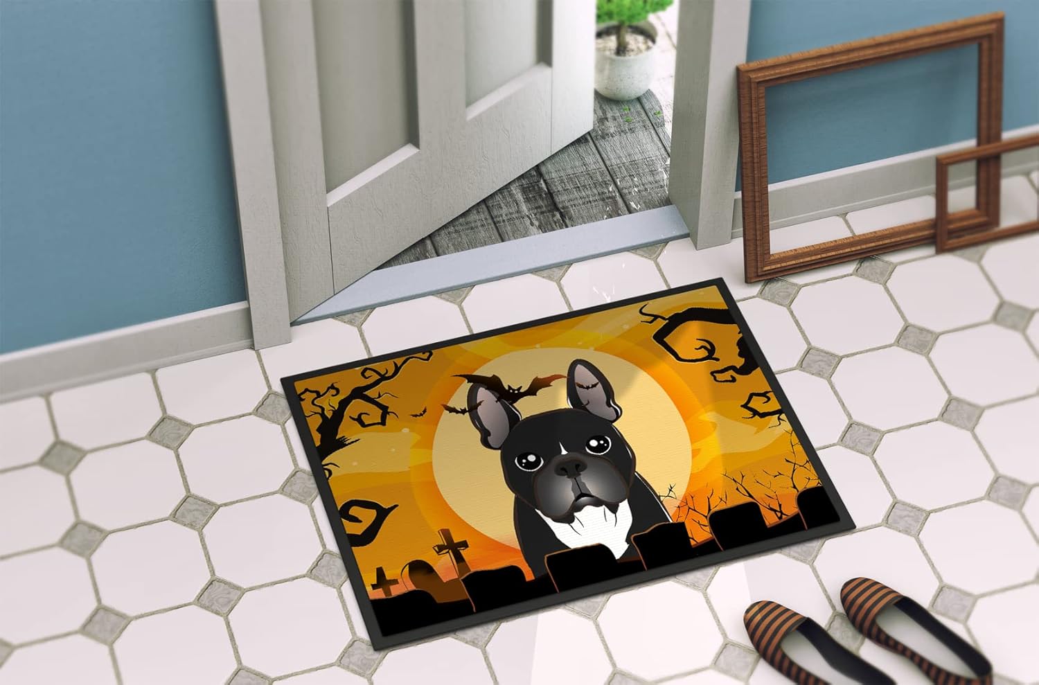Caroline's Treasures BB1785MAT Halloween French Bulldog Doormat 18x27 Front Door Mat Indoor Outdoor Rugs for Entryway, Non Slip Washable Low Pile, 18H X 27W