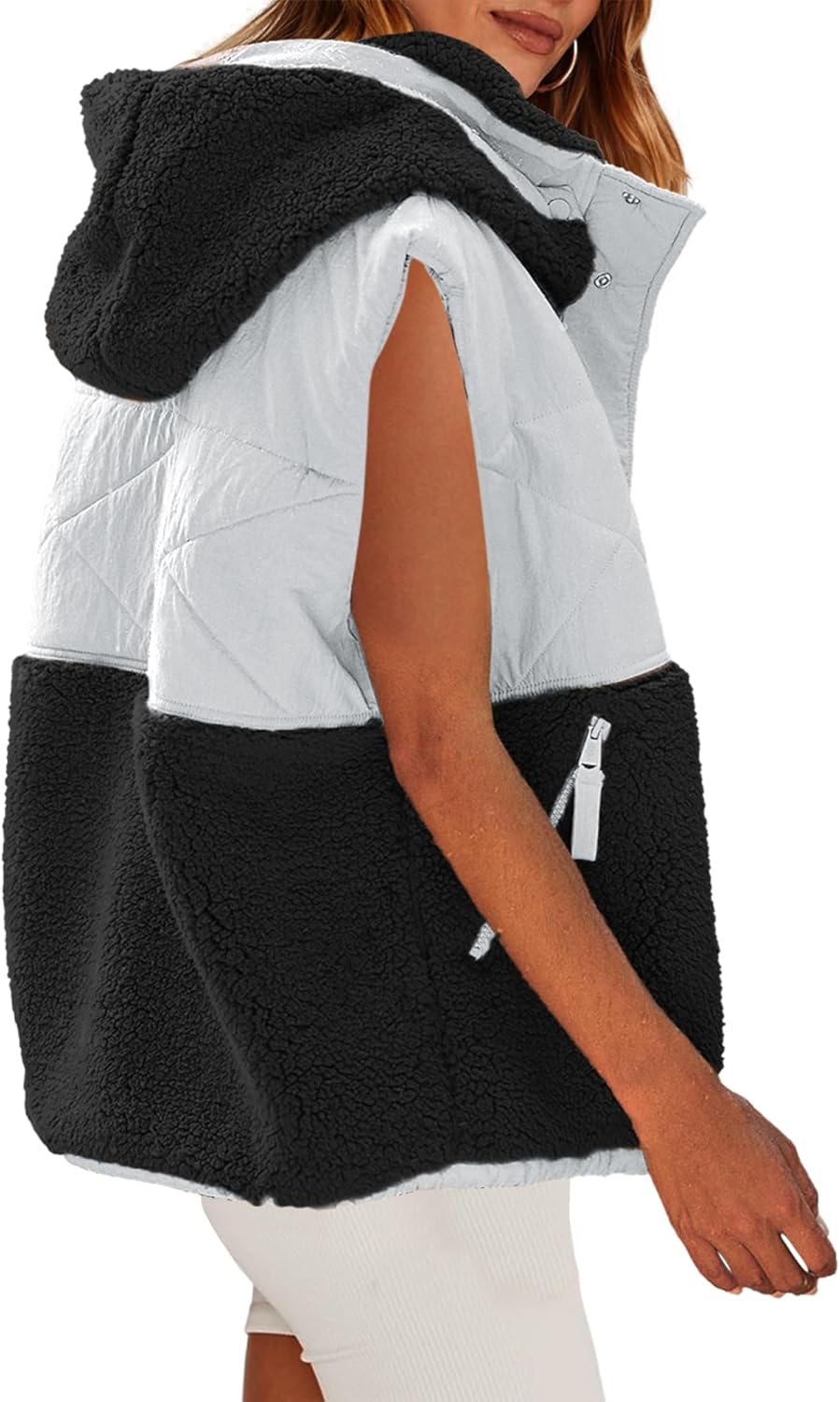 Nirovien Womens Oversized Quilted Vest Color Block Fleece Vest Button Down Padded Outwear Removeable Hooded with Pockets(White Black,L) - Image 4