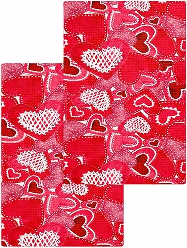 Miniatura 1 de Kitchen Towel 2 Packs Cotton Waffle Weave, Valentine's Day Red Love Heart Lines White Polka Dots 16 x 24 Inch Absorbent Quick Drying Dish Towels